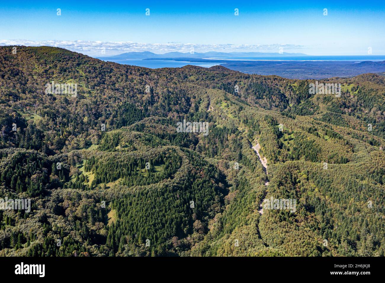 View over the forested south coast of Sakhalin, Russia, Eurasia Stock Photo