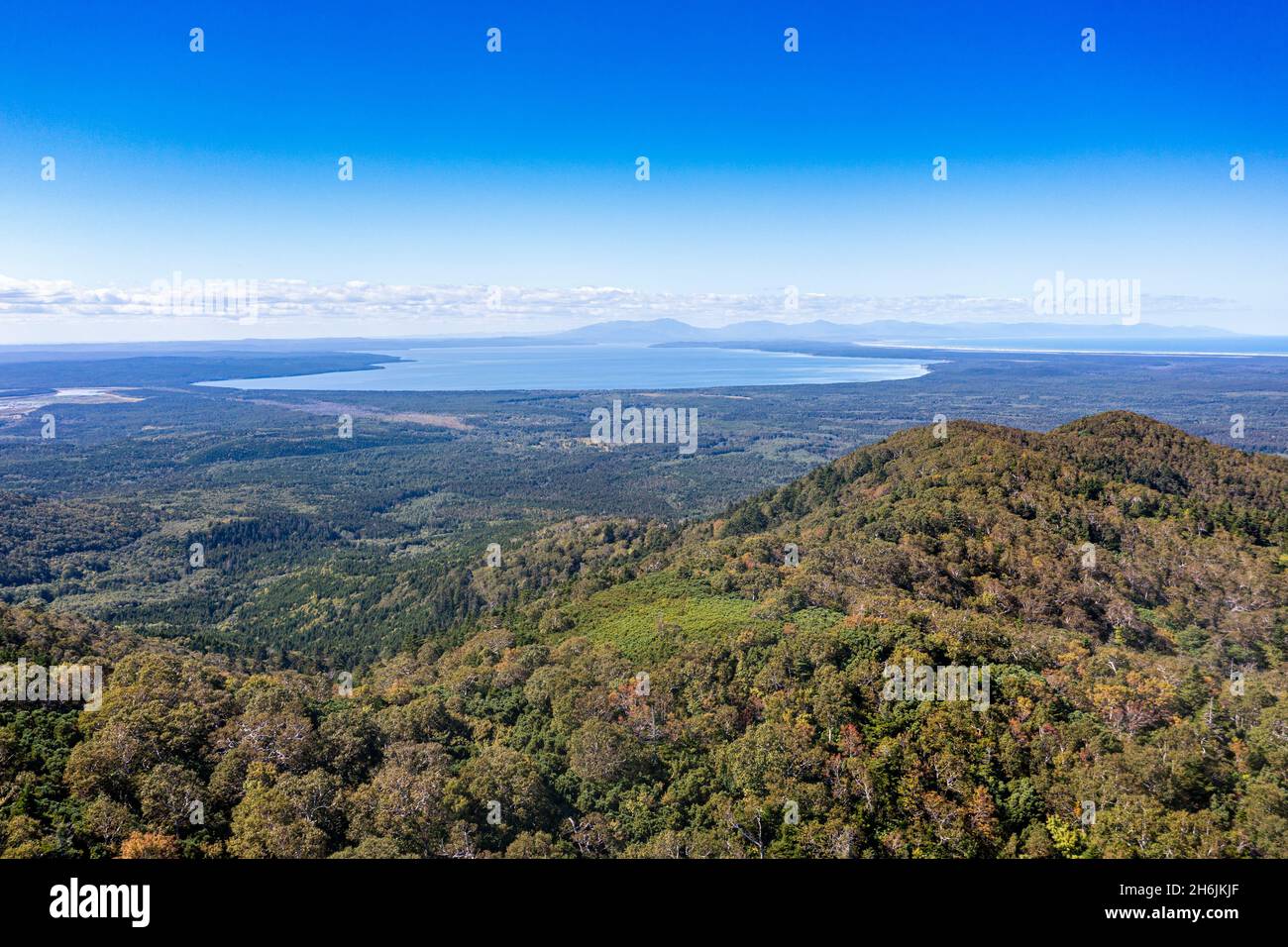Overlook over the forested south coast of Sakhalin, Russia, Eurasia Stock Photo