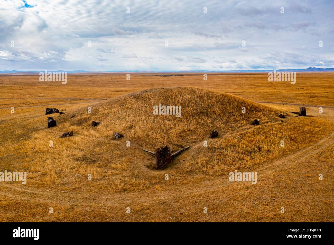 Aerial of Burial mound, Salbyksky Mound, Valley of the Kings, Republic of Khakassia, Russia, Eurasia Stock Photo