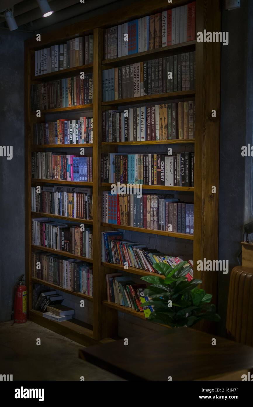 Wooden shelves with books in the cafe. Vintage style in a cafe. Library. High quality photo Stock Photo