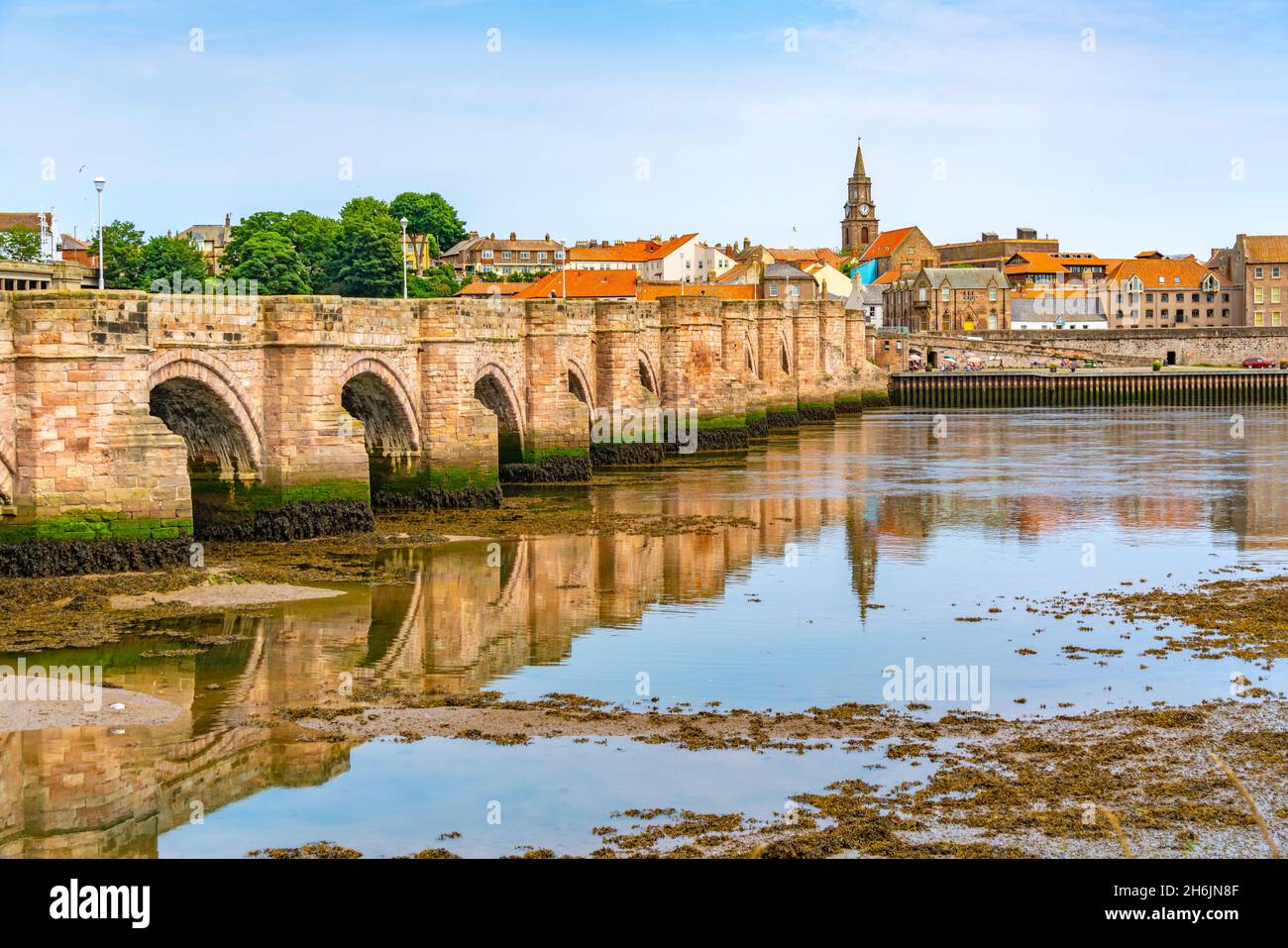 View of River Tweed and town buildings, Berwick-upon-Tweed, Northumberland, England, United Kingdom, Europe Stock Photo