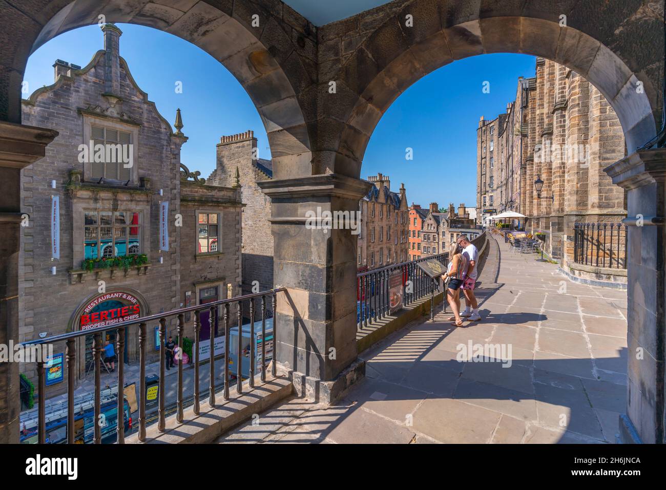 View of W Bow (West Bow) from Victoria Terrace, Edinburgh, Lothian, Scotland, United Kingdom, Europe Stock Photo
