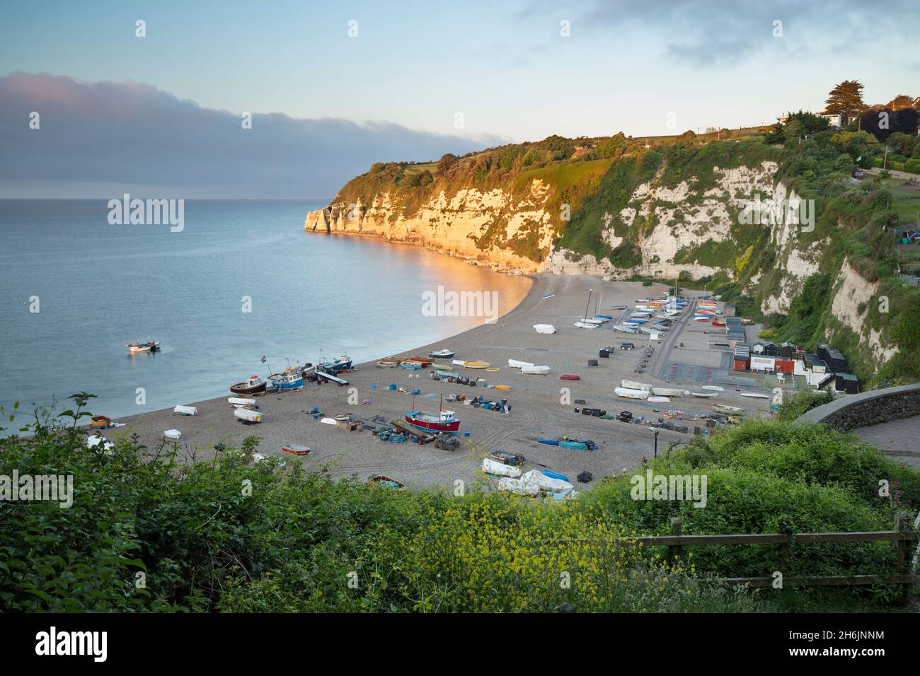 View over Beer beach and cliffs at sunrise, Beer, Jurassic Coast, UNESCO World Heritage Site, Devon, England, United Kingdom, Europe Stock Photo