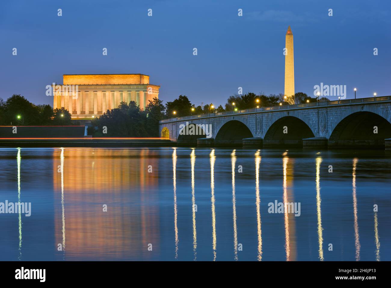 Washington DC, USA skyline on the Potomac River with Lincoln Memorial, Washington Monument, and Arlington Memorial Bridge. Stock Photo