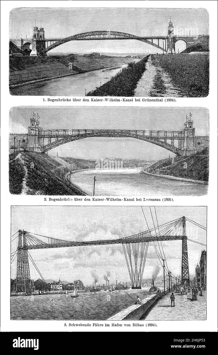 Historical bridges oft the Kiel Canal and the Puente de Vizcaya of Bilbao Stock Photo