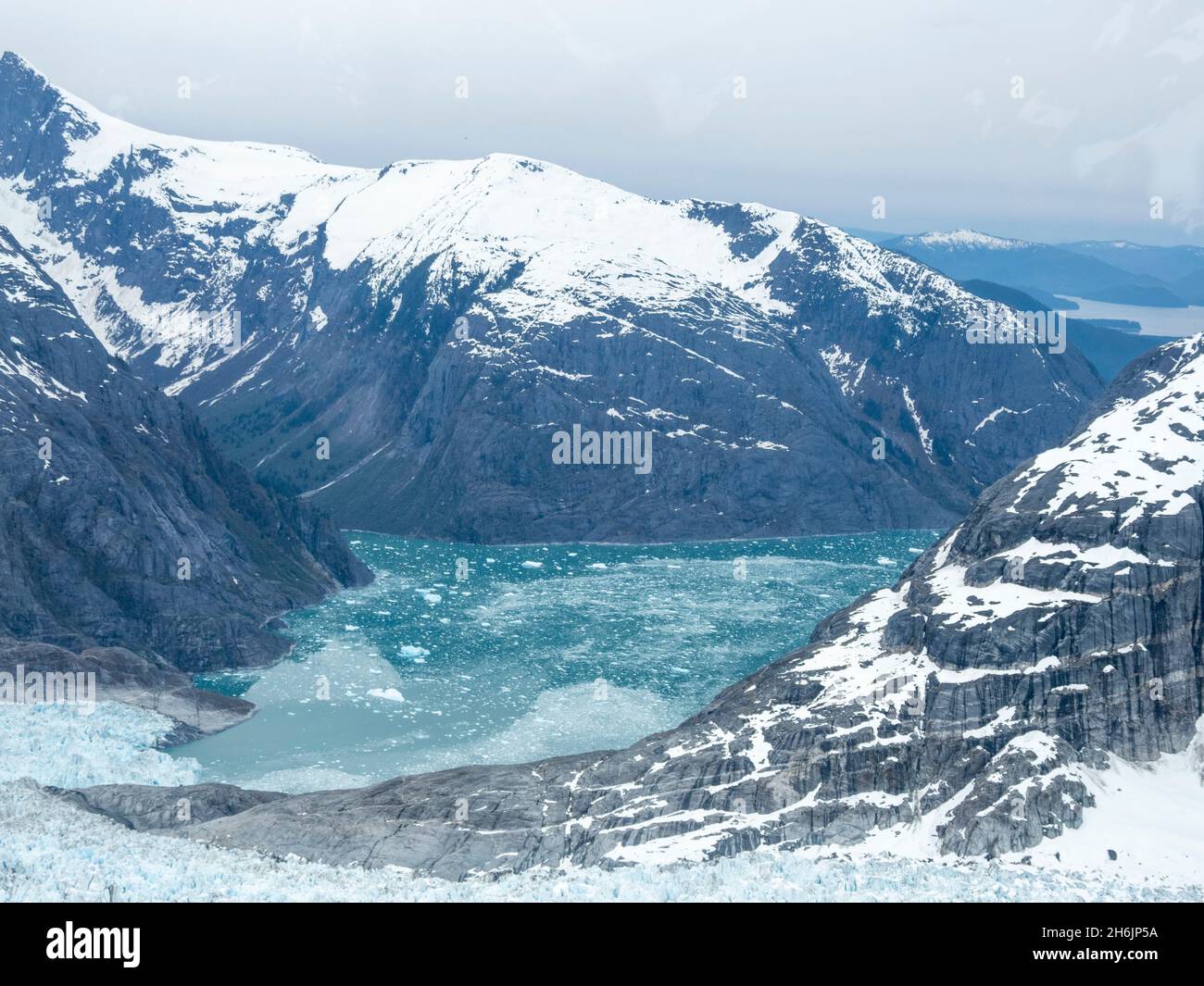 Aerial view of the Leconte Glacier, flowing from the Stikine Ice Field near Petersburg, Southeast Alaska, United States of America, North America Stock Photo