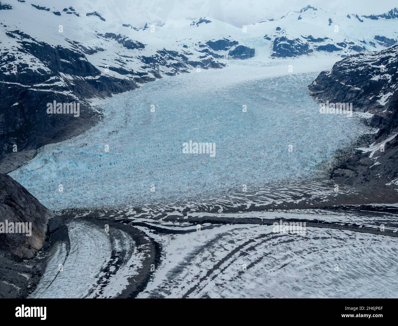 Aerial view of the Leconte Glacier, flowing from the Stikine Ice Field near Petersburg, Southeast Alaska, United States of America, North America Stock Photo
