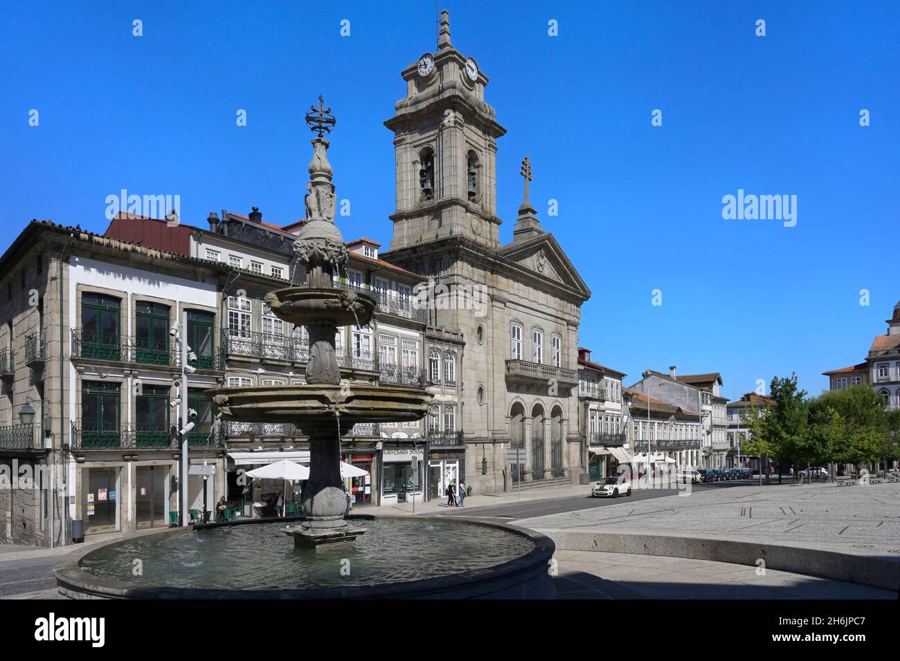 Largo Toural Square fountain, Guimaraes, Minho, Portugal, Europe Stock Photo