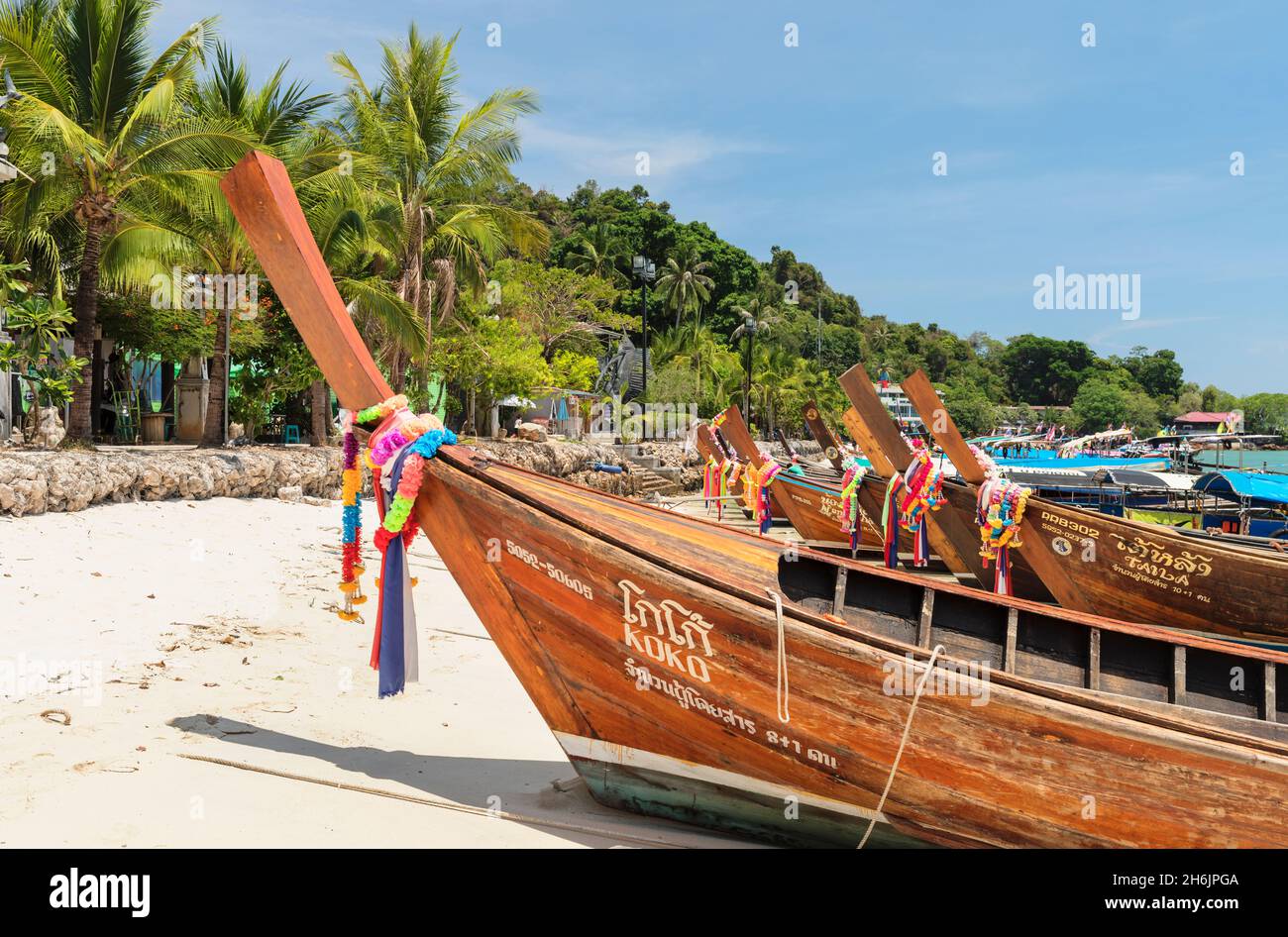 Longtail boat on Ton Sai Beach, Ko Phi Phi Don, Krabi, Thailand, Andaman Sea, Indian Ocean, Southeast Asia, Asia Stock Photo