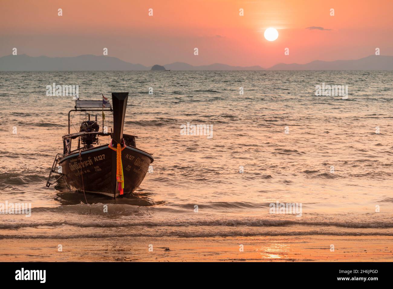 Longtail boat at West Rai Leh Beach, Railay Peninsula, Krabi Province, Thailand, Southeast Asia, Asia Stock Photo