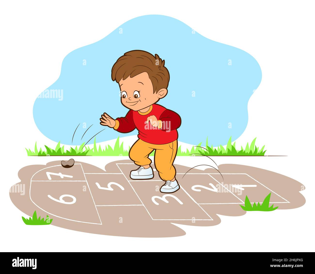 The Boy Playing Hopskotch Jumps On One Leg While Vector Illustration Cartoon Style Black And White Line Art Stock Vector Image Art Alamy