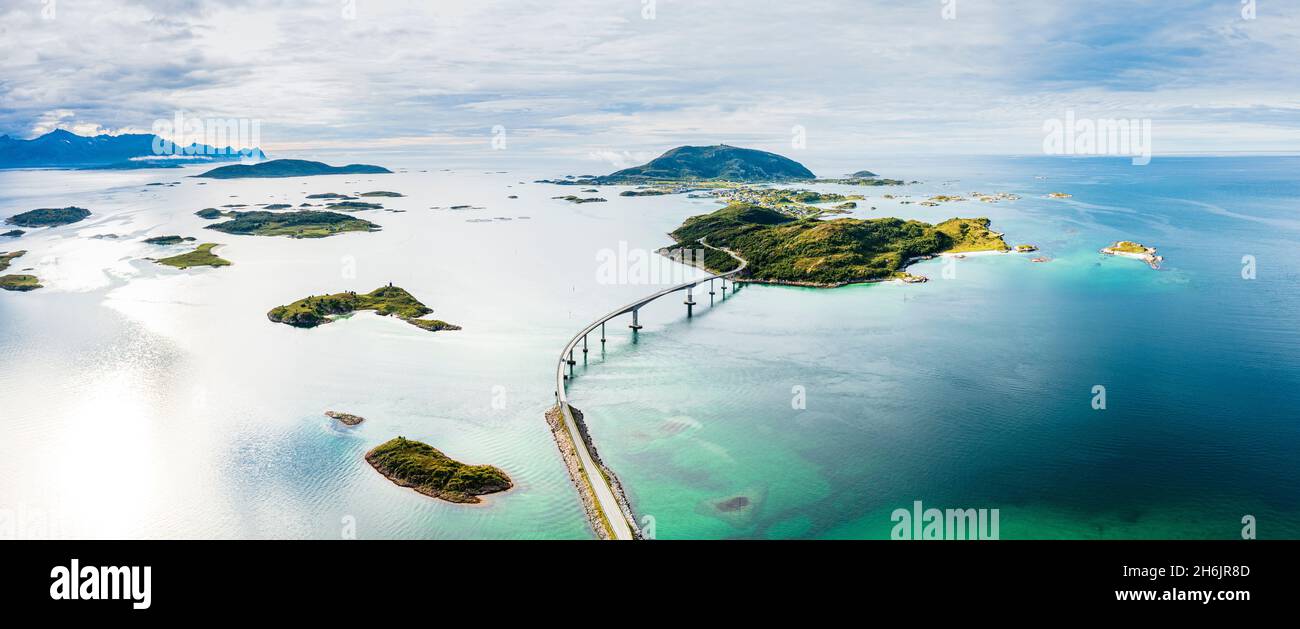 Aerial panoramic of Sommaroy bridge and crystal sea, Sommaroy, Troms county, Northern Norway, Scandinavia, Europe Stock Photo