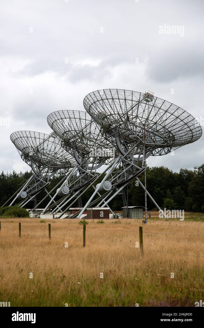 Three telescopes of the Westerbork Synthesis Radio Telescope (WSRT) , Drenthe, Netherlands Stock Photo