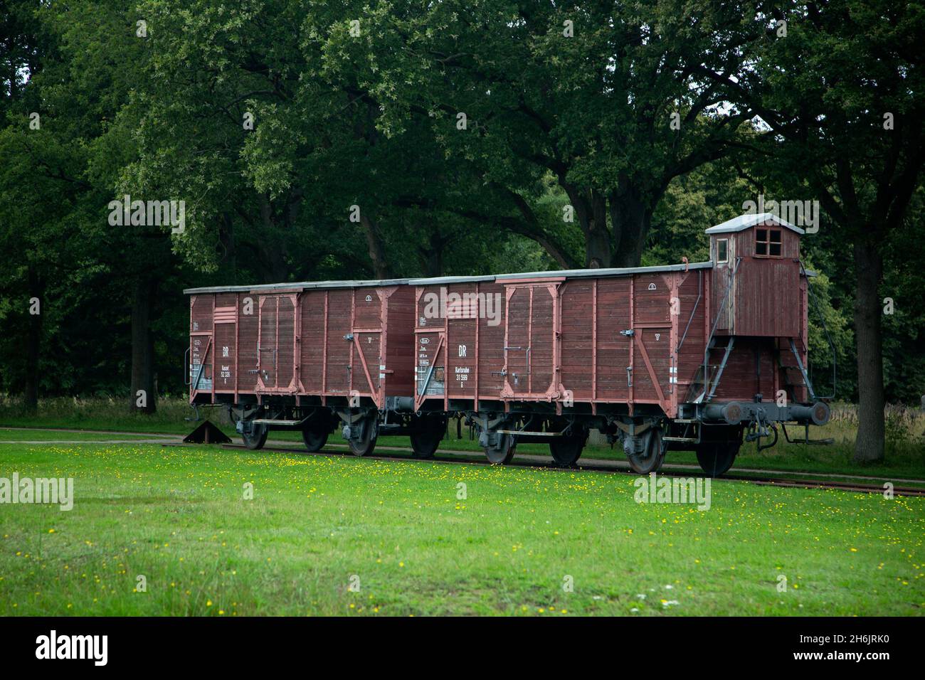 Reconstructed railway van to transport Jews from Westerbork transit camp to concentation camps; Drenthe, Netherlands Stock Photo