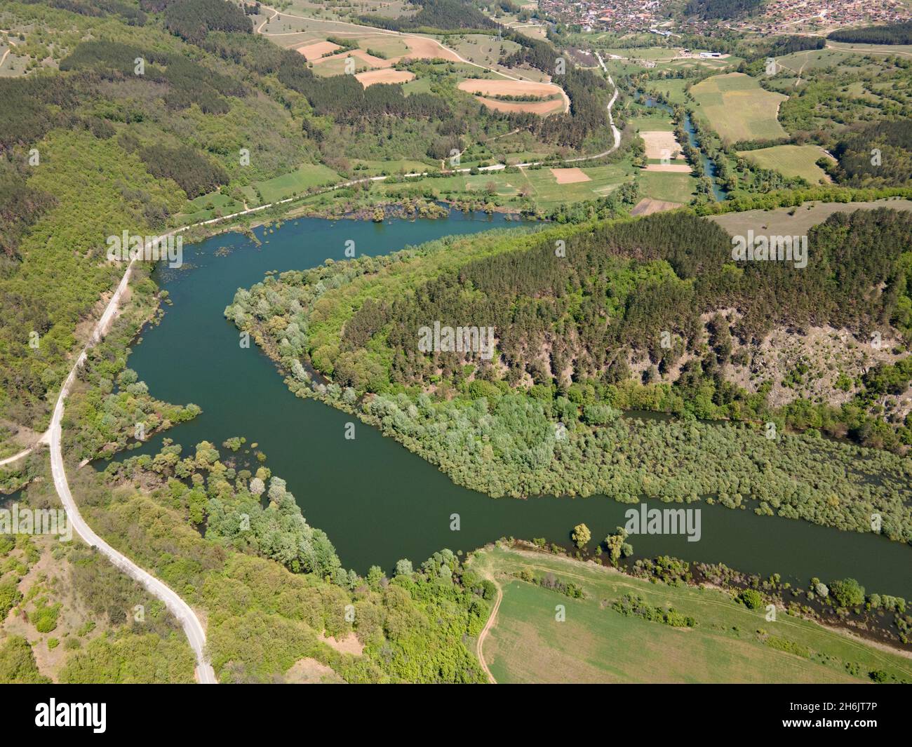 Aerial view of Topolnitsa Reservoir, Sredna Gora Mountain, Bulgaria