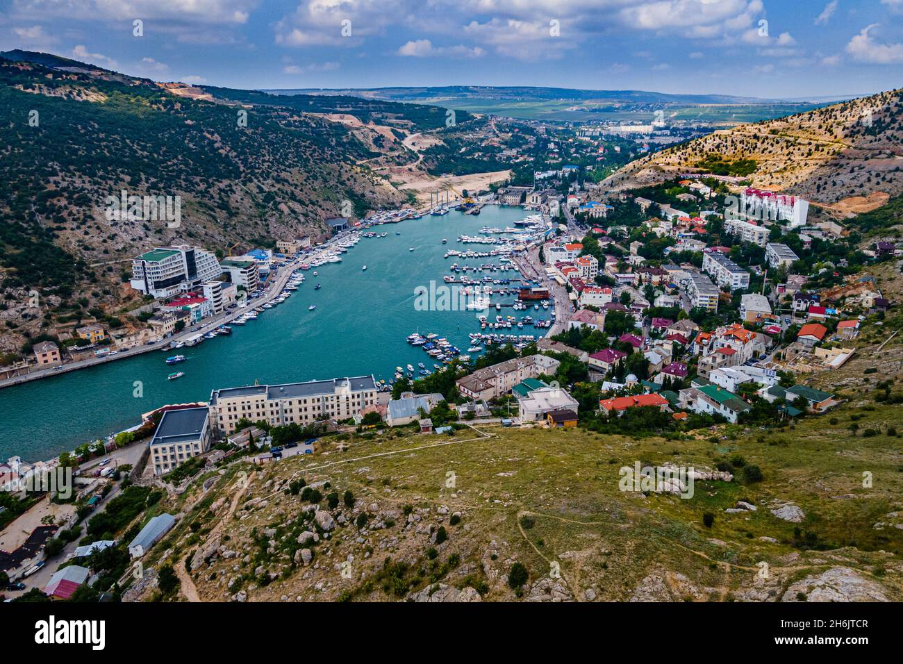 Aerial of the castle and bay of Balaklava, Crimea, Russia, Europe Stock Photo