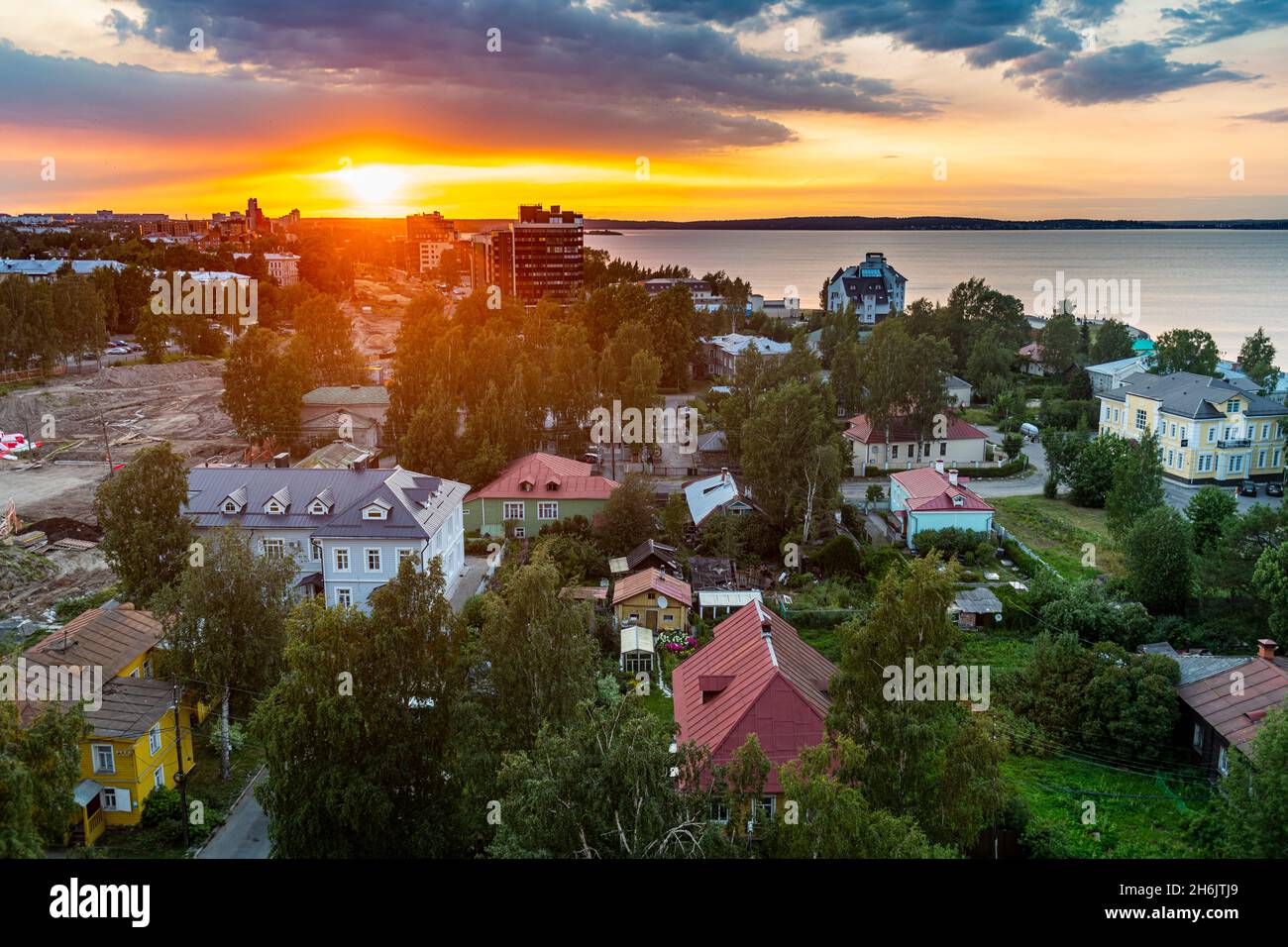 View over Petrozavorsk at sunset, Karelia, Russia, Europe Stock Photo