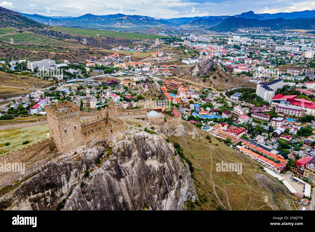 Aerial of the Genoese fortress of Sudak, Crimea, Russia, Europe Stock Photo