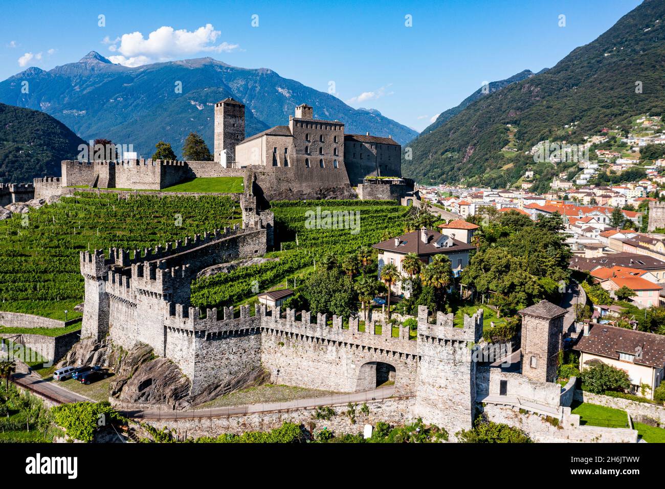 Aerial of the Castlegrande, Three Castles of Bellinzona UNESCO World Heritage Site, Ticino, Switzerland, Europe Stock Photo