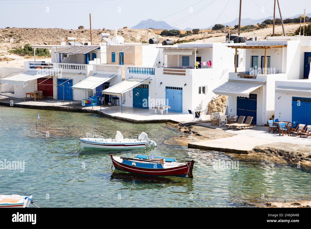 Traditional fishermen's houses by the sea in Milos, Cyclades, Aegean Sea, Greek Islands, Greece, Europe Stock Photo