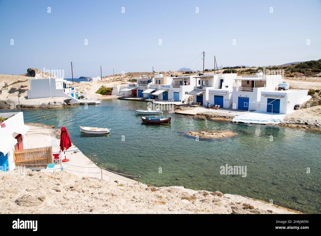 Traditional fishermen's houses by the sea in Milos, Cyclades, Aegean Sea, Greek Islands, Greece, Europe Stock Photo