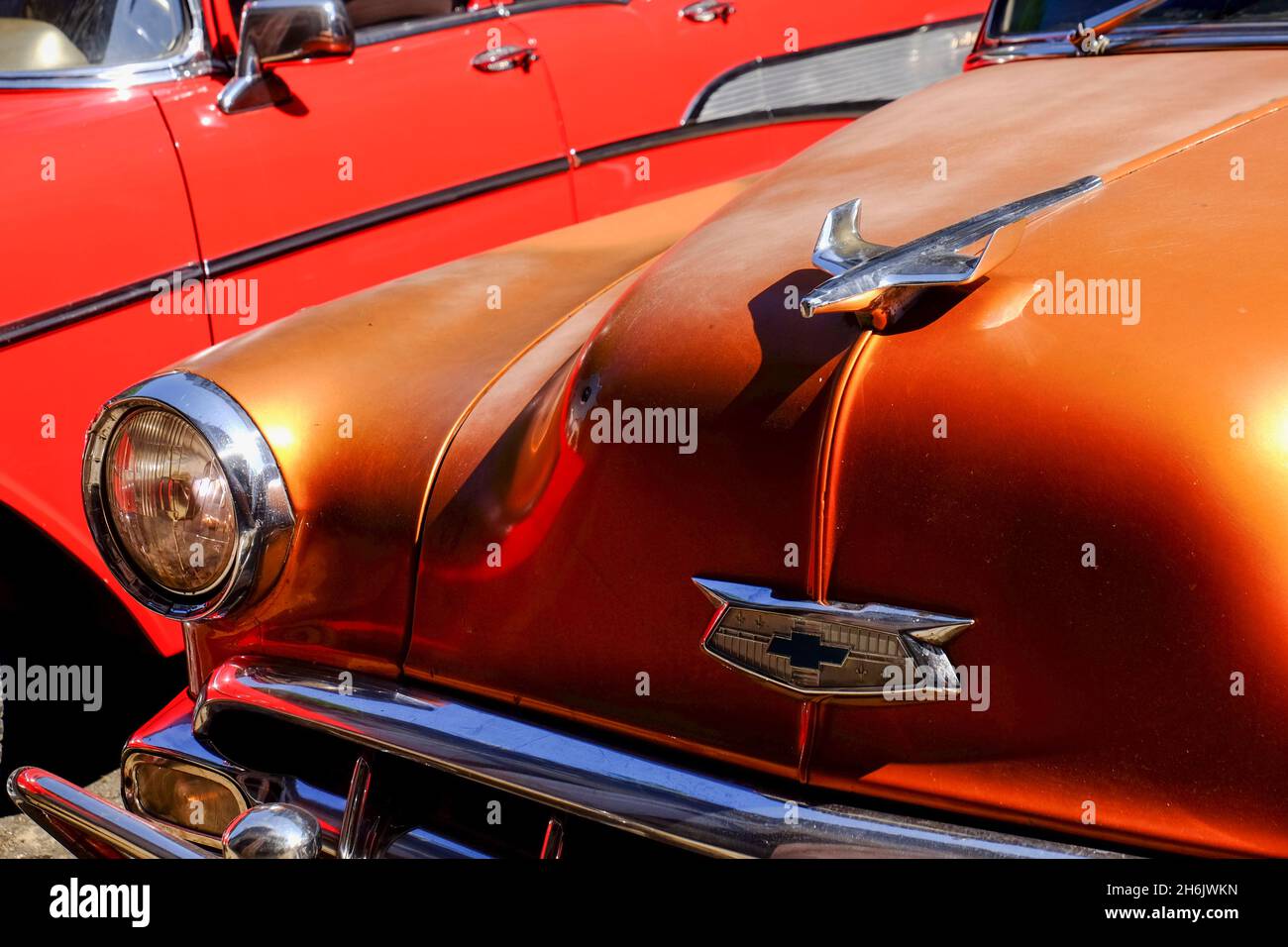 Close view of hood and hood ornament on a vintage car, Havana, Cuba, West Indies, Central America Stock Photo