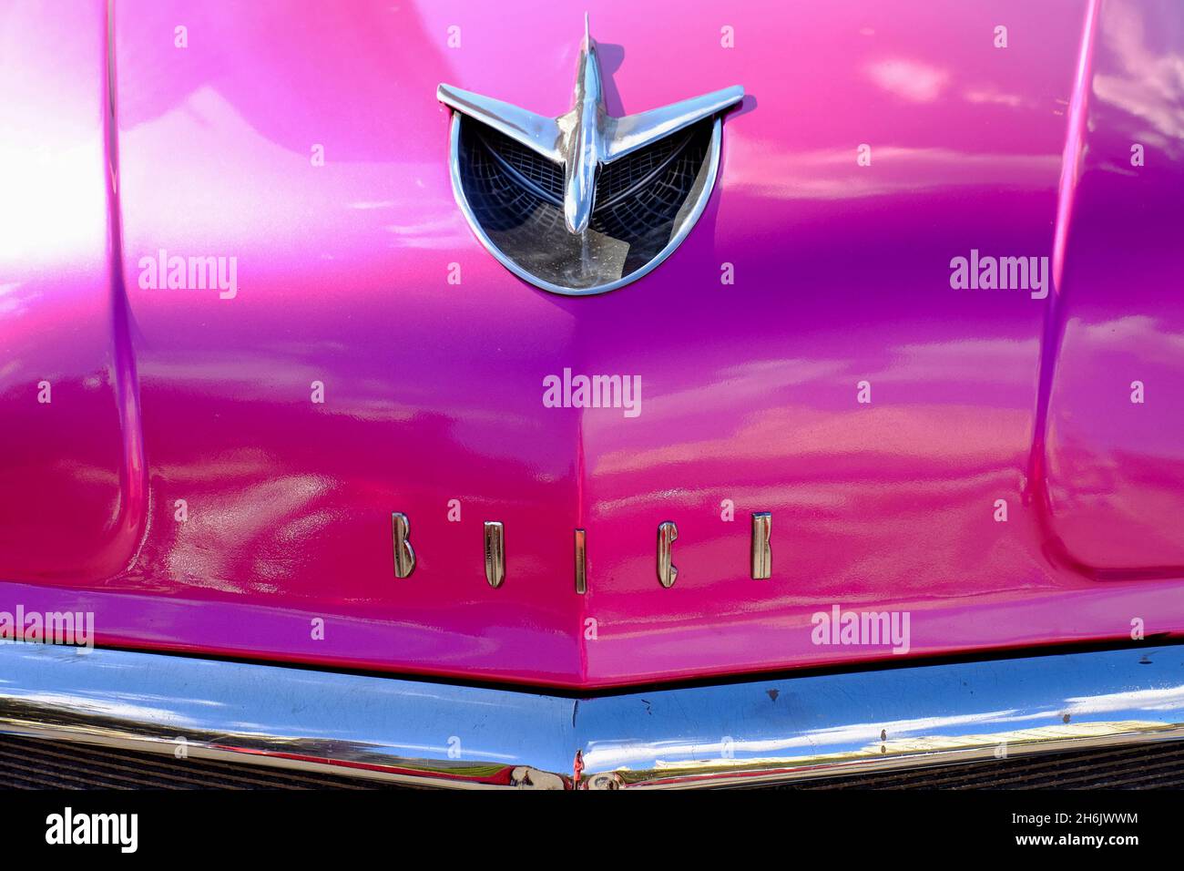 Close view of hood ornament and chrome fender on a classic vintage Buick, Havana, Cuba, West Indies, Central America Stock Photo