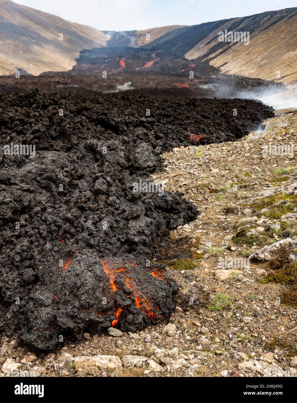 Fagradalsfjall volcano in July 2021, with typical lava advancing along the Natthagi valley, Reykjanes Peninsula, Iceland, Polar Regions Stock Photo