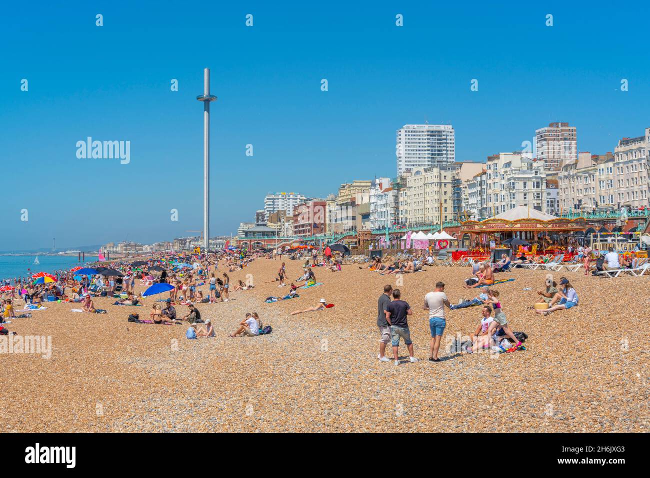View of West Beach seafront and British Airways' i360 viewing tower, Brighton, East Sussex, England, United Kingdom, Europe Stock Photo