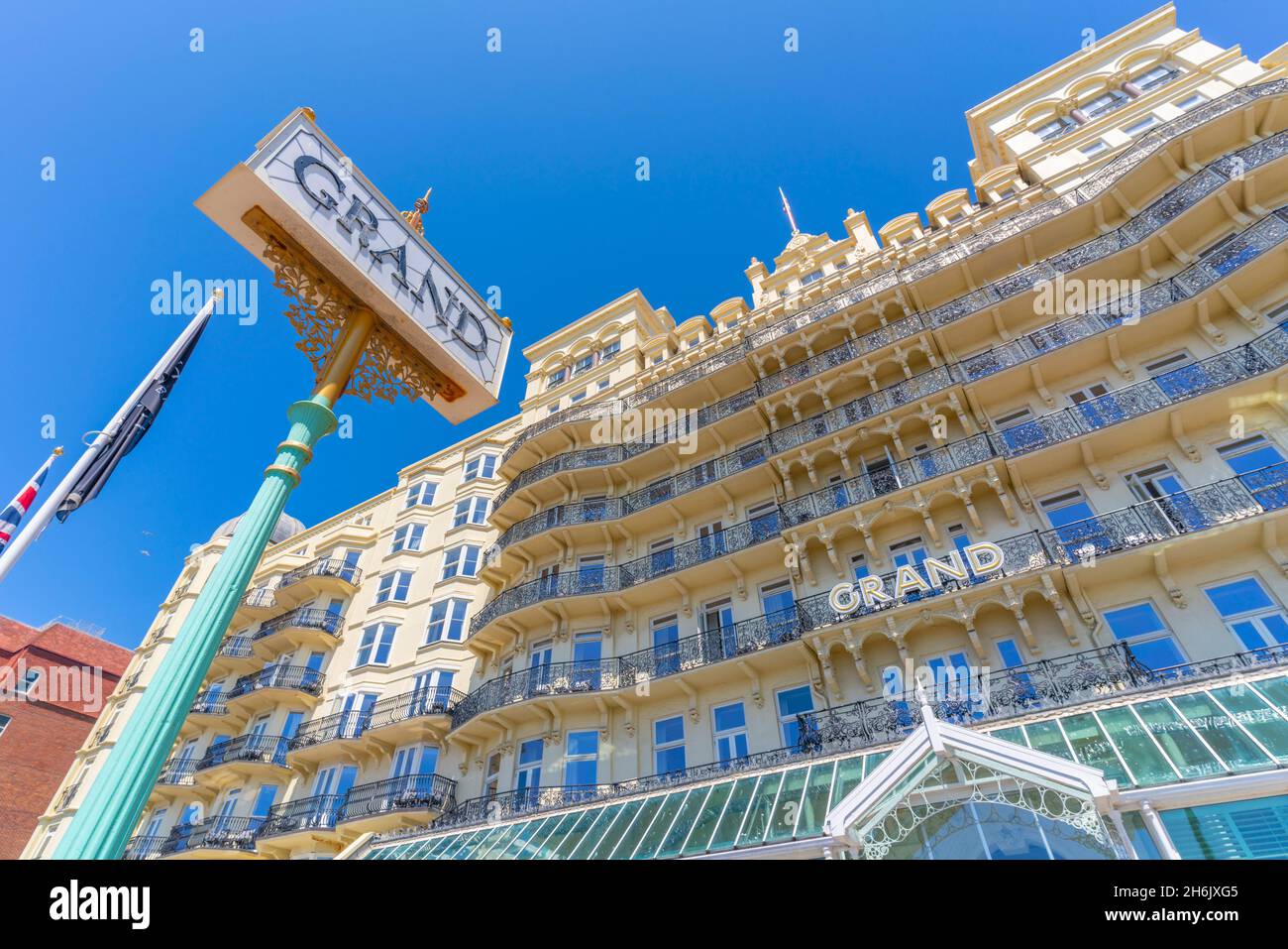 View of the facade of the Grand Hotel on a sunny day, Brighton, East Sussex, England, United Kingdom, Europe Stock Photo