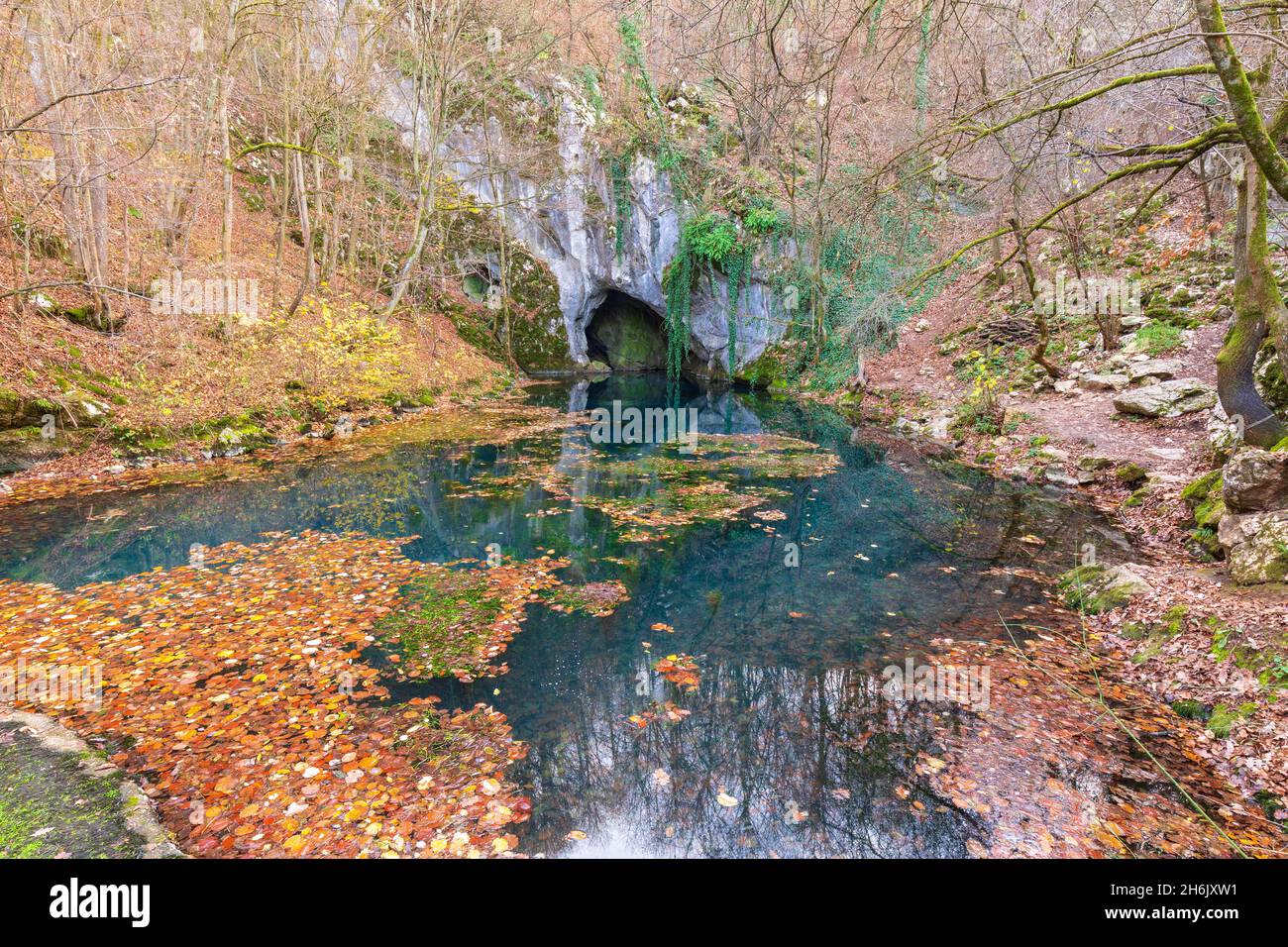 Spring of Krupaja; autumn landscape. Popular travel destination; Beljanica mountain; Serbia. Stock Photo