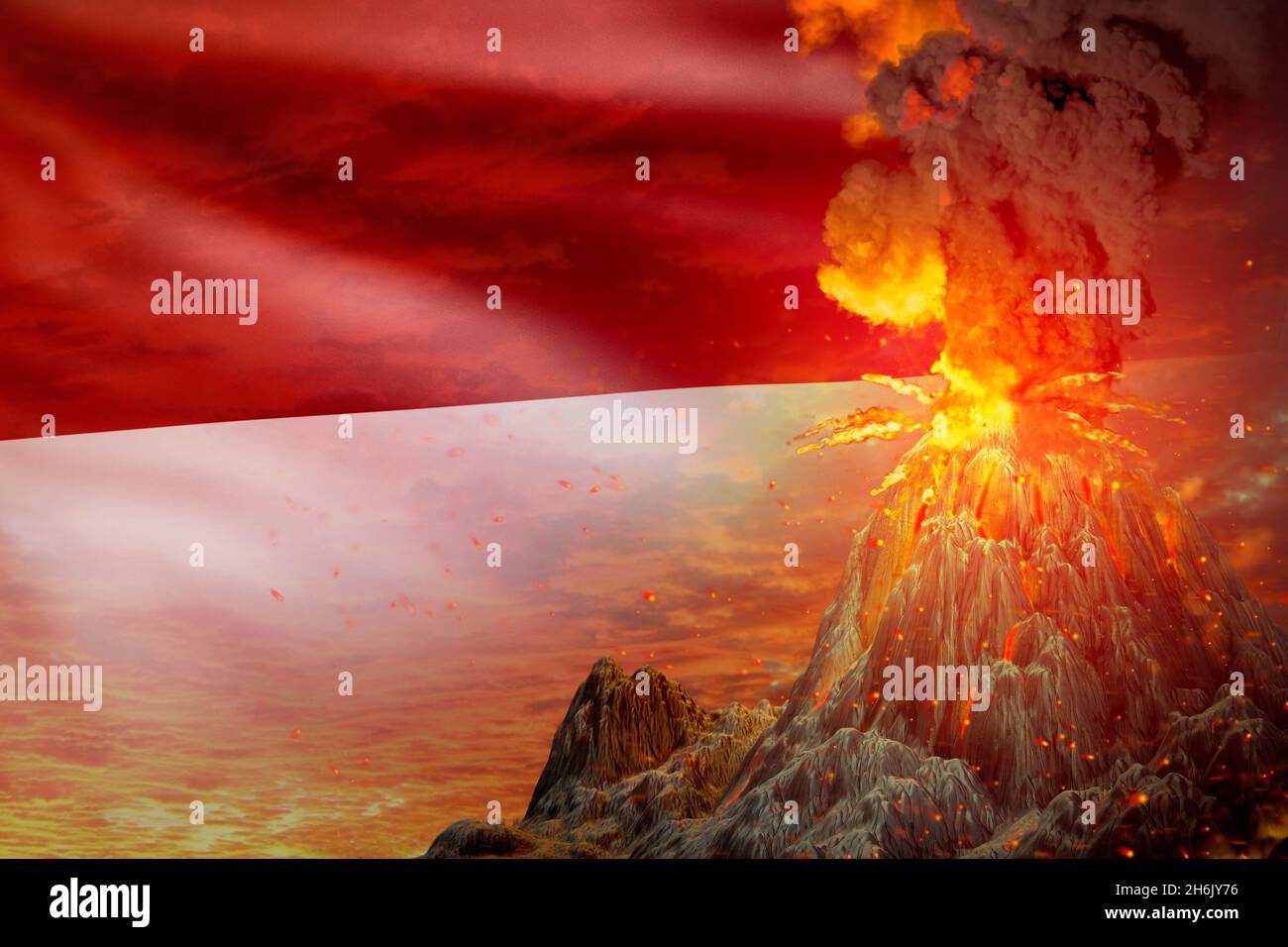 volcano blast eruption at night with explosion on Indonesia flag background, troubles because of eruption and volcanic ash concept - 3D illustration o Stock Photo