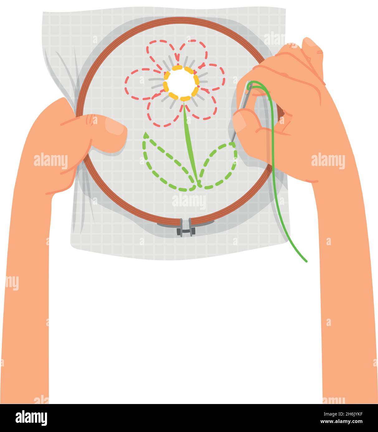 Embroidery craft. Hands sewing flower patch on fabric Stock Vector ...