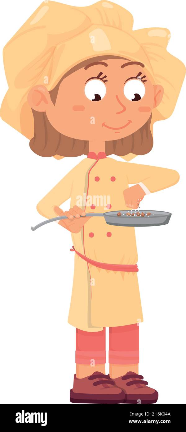 Girl seasoning food in frying pan. Cute cartoon chef kid Stock Vector