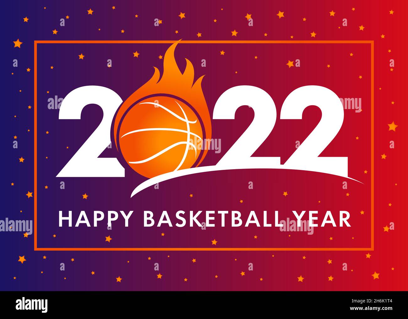 Happy Basketball Year 2022. Sport cover background with logo 2022 with ball in fire and orange stars. Vector Illustration for tournament banner Stock Vector