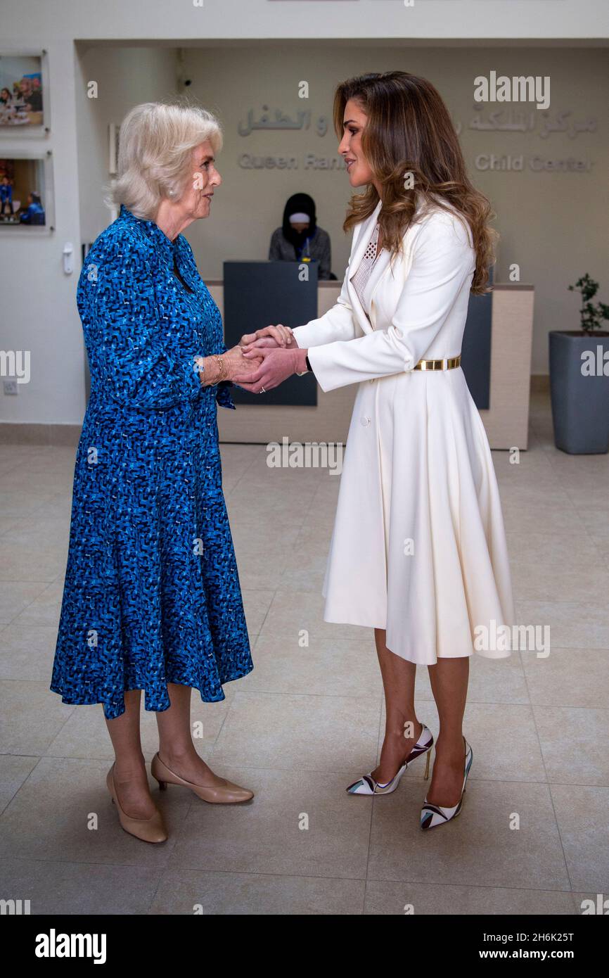 The Duchess of Cornwall alongside Queen Rania Al-Abdullah during a visit to the Queen Rania Family and Children Centre in Amman, Jordan, on the first day of the Royal tour of the Middle East. Picture date: Tuesday November 16, 2021. Stock Photo