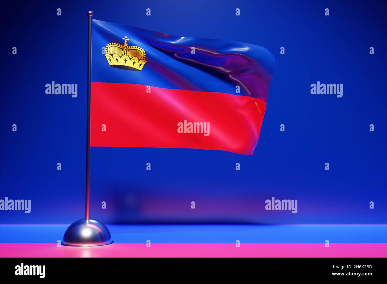 3D illustration of the national flag of Liechtenstein on a metal ...