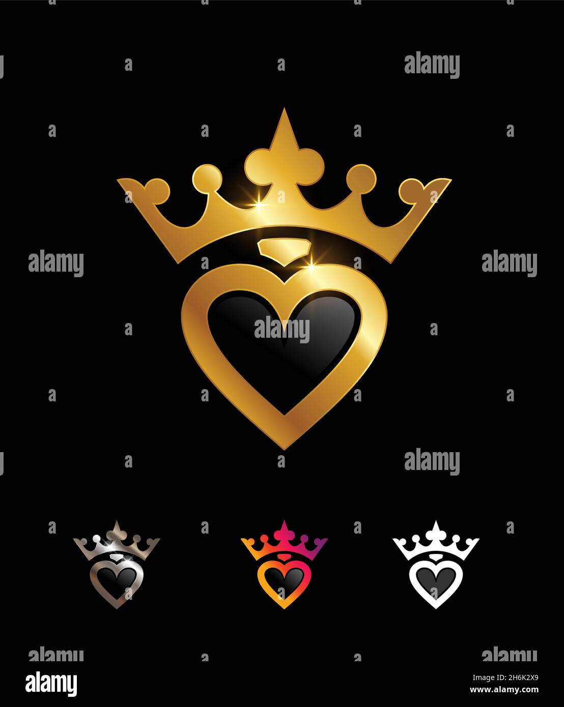 A Vector Illustration set of Golden Heart and Crown Symbol Sign Stock Vector