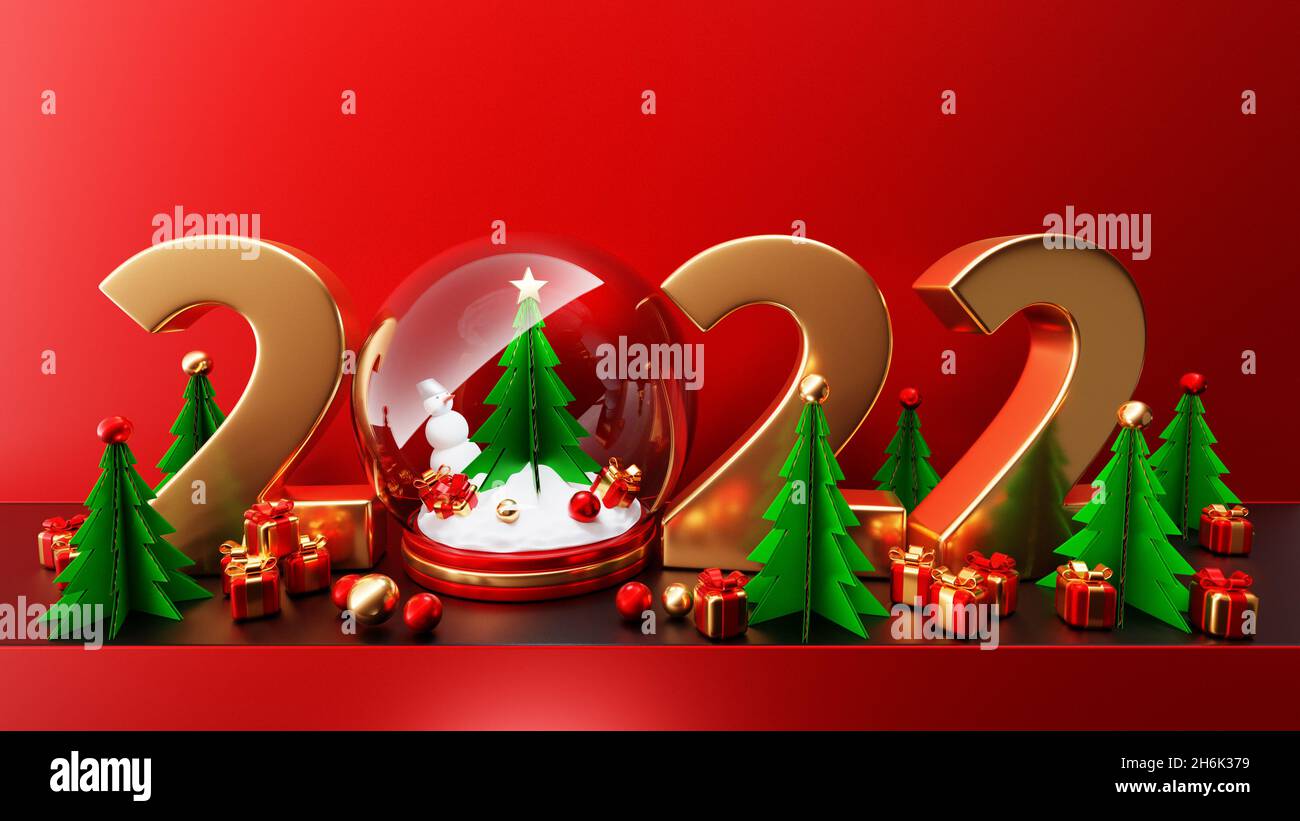 3d illustration of cartoon happy new year 2022 greeting card: new
