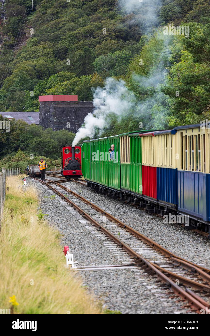 Steam train manouvering into the Llanberis Lake Railway station, start of the scenic lakeside steam train rideLlanberis, Wales, UK, Stock Photo