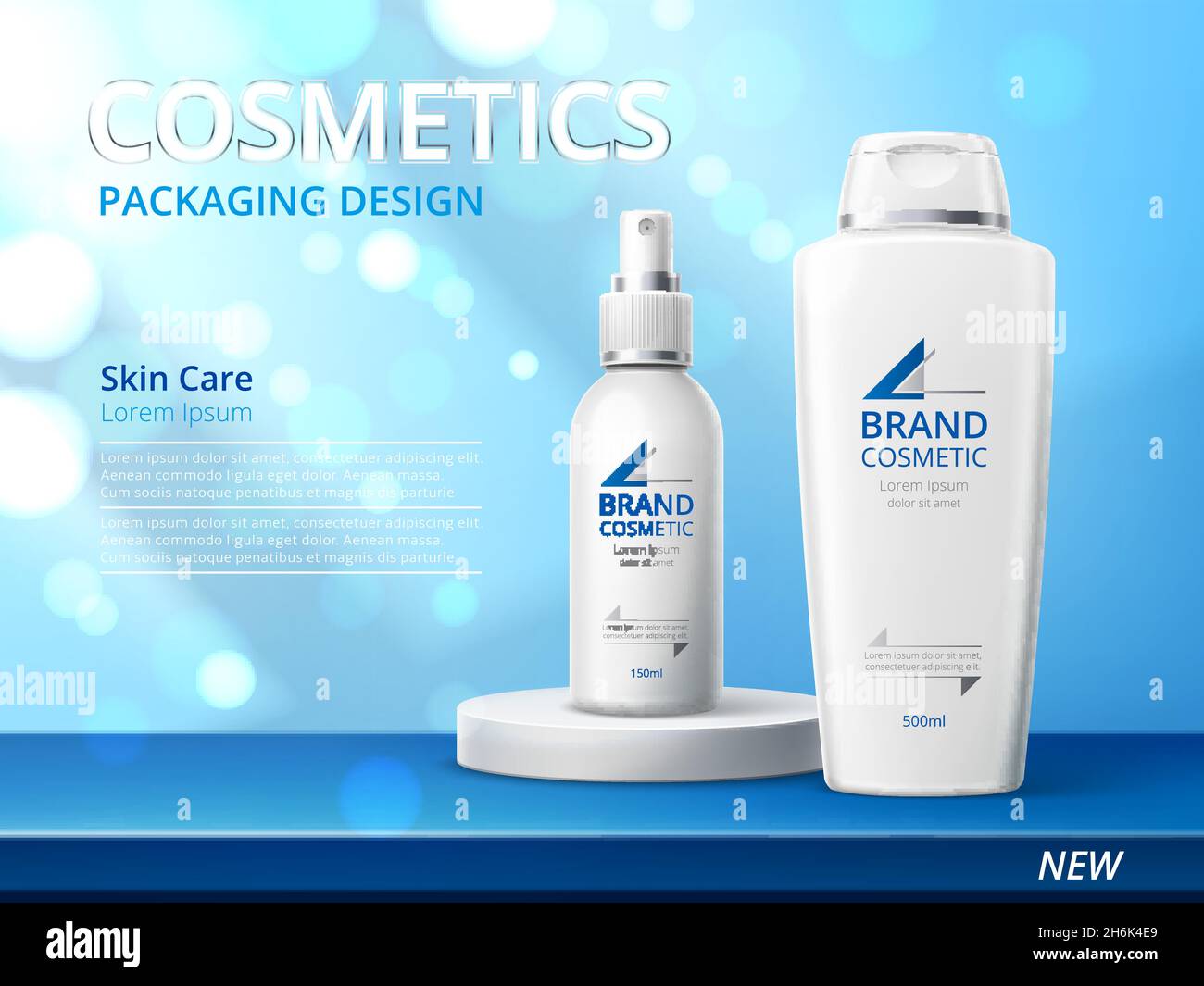 Realistic skin care product poster. 3d cosmetic bottles on glitter