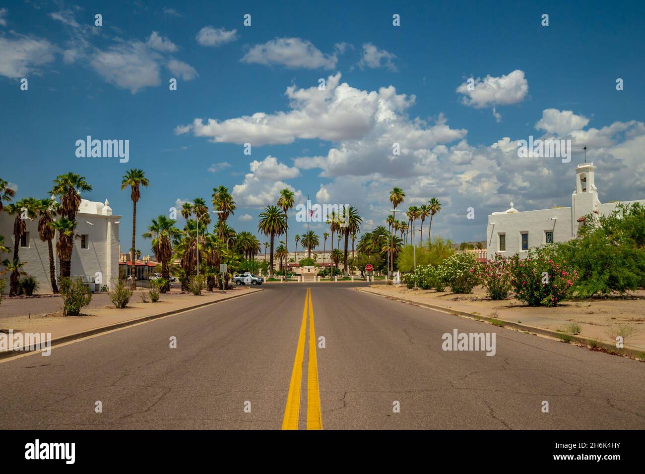 Town square in Ajo, Arizona with palm trees and churches Stock Photo