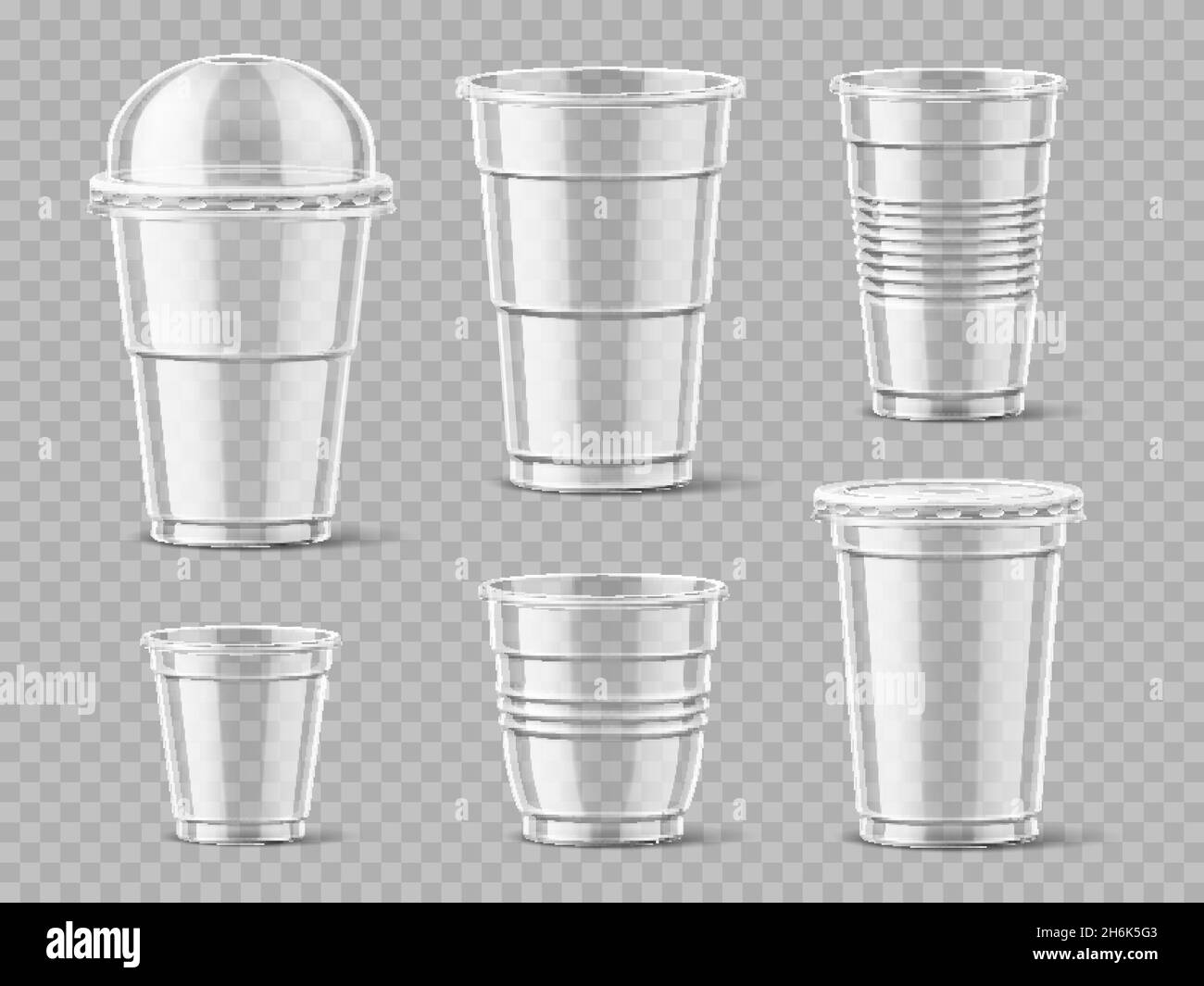 Realistic plastic cups. Transparent isolated street drinks and