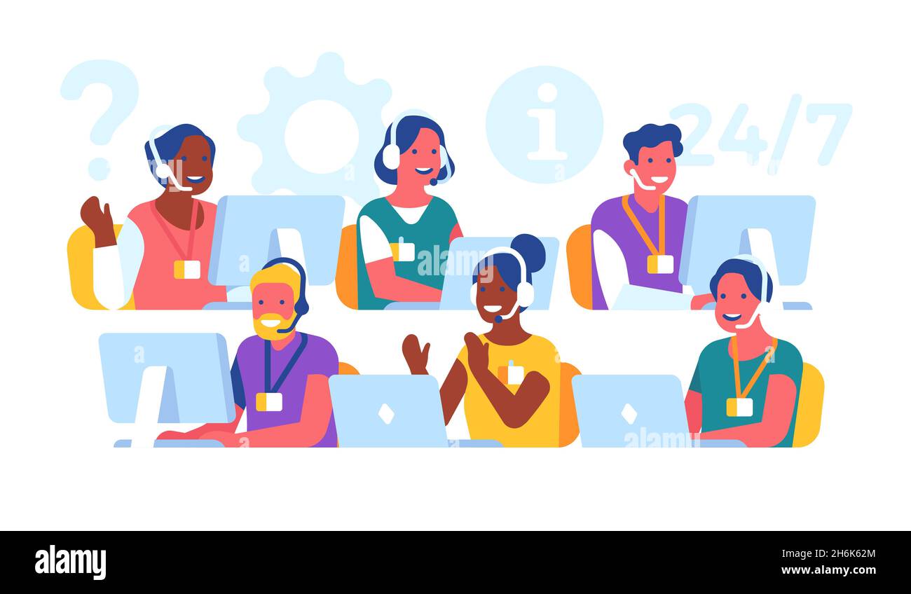 Customer support operators. Hotline workers with headset in workplace