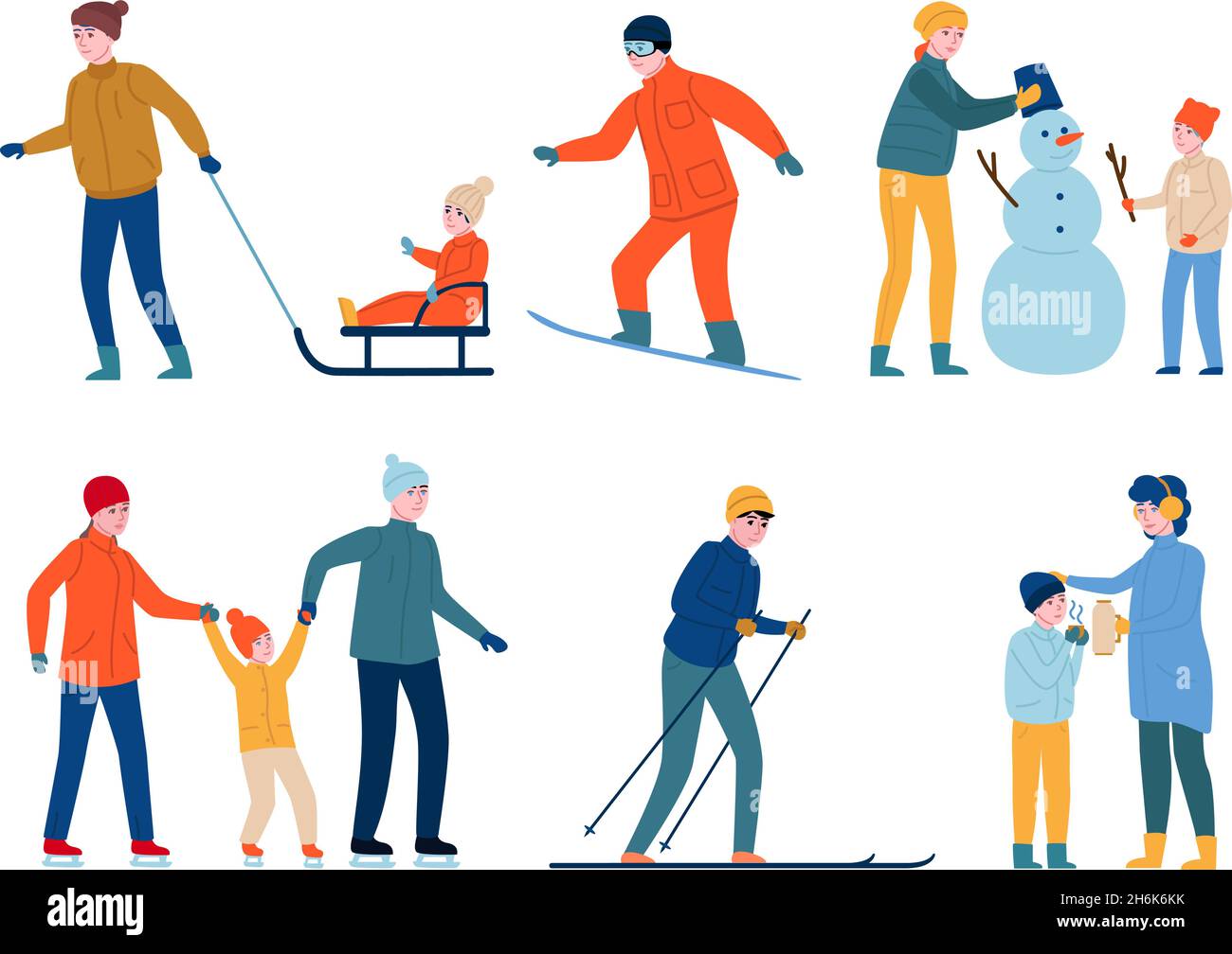 Winter outdoor games. People activities, parents with children making