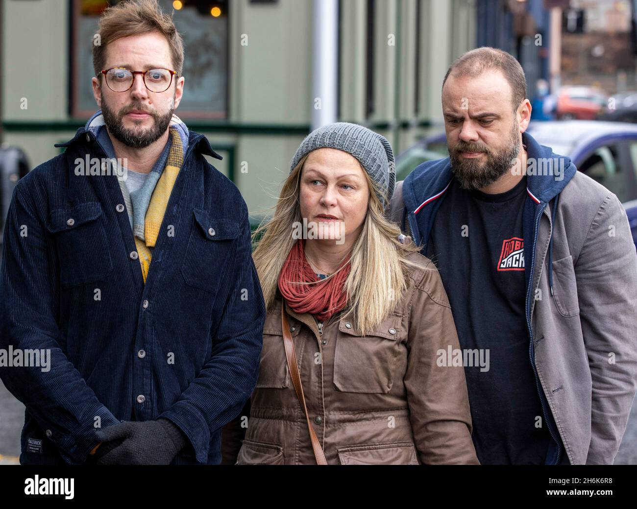 (Left-right) Ross Sloan (Jake's father), Leanne Dreyer (Jake's mother) with her husband Gordon Dreyer during a press conference for a renewed appeal for information about the murder of Jake Bailey-Sloan who died following an incident in Mandeville Street, Portadown, Co Armagh. Stock Photo