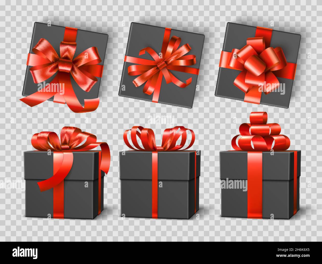 Black gift boxes. Realistic festive presents wraps mockup, red satin ribbons with differently tied bows, elegant dark packaging. Vector set Stock Vector
