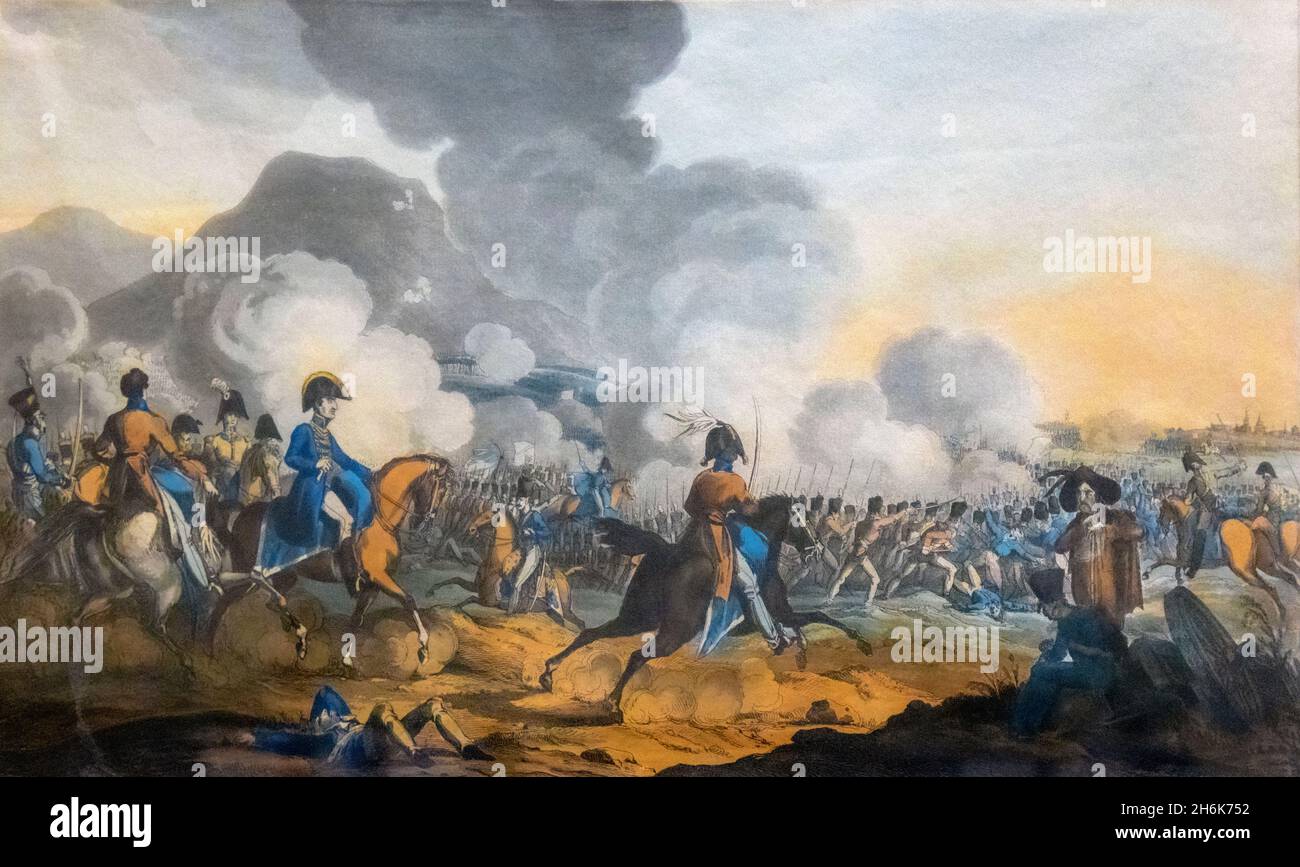 The Battle of Salamanca, 22 July 1812, during the Peninsula War.  Wellington is seen to the left in a blue coat amidst the troops of his Anglo-Portuguese army.  A Spanish division was also present, tasked with blocking French escape routes. After a work by William Heath. Stock Photo
