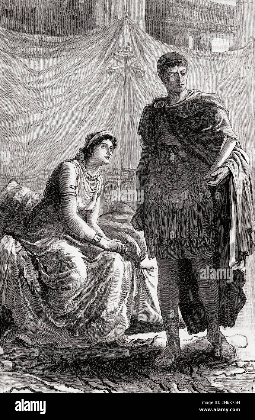 The interview between Cleopatra and Octavian, after his victory over Mark Anthony at the battle of Actium in 31 BC, where she pleads her innocence.  Cleopatra VII Philopator, 69 BC – 30 BC. Queen of the Ptolemaic Kingdom of Egypt.  Caesar Augustus, 63 BC –  AD 14, aka Octavian.  First Roman emperor.  From Cassell's Illustrated Universal History, published 1883. Stock Photo