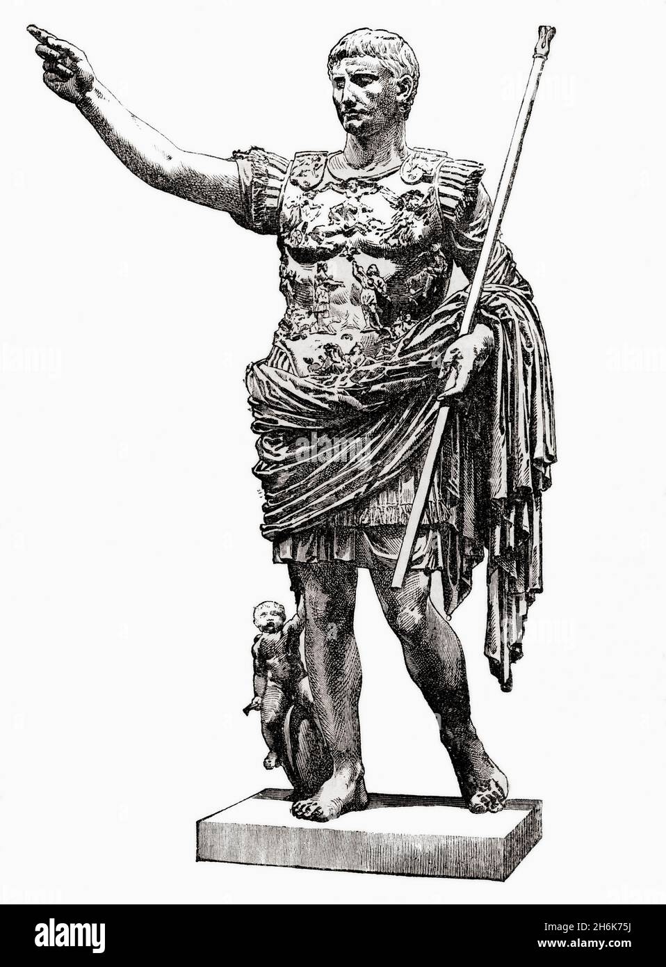Caesar Augustus, 63 BC – AD 14, aka Octavian.  First Roman emperor.  After Augustus of Prima Porta, a full-length portrait statue of Augustus Caesar.  From Cassell's Illustrated Universal History, published 1883. Stock Photo